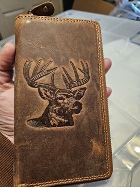 Men's Brown Leather Zip Wallet with Deer Embossing